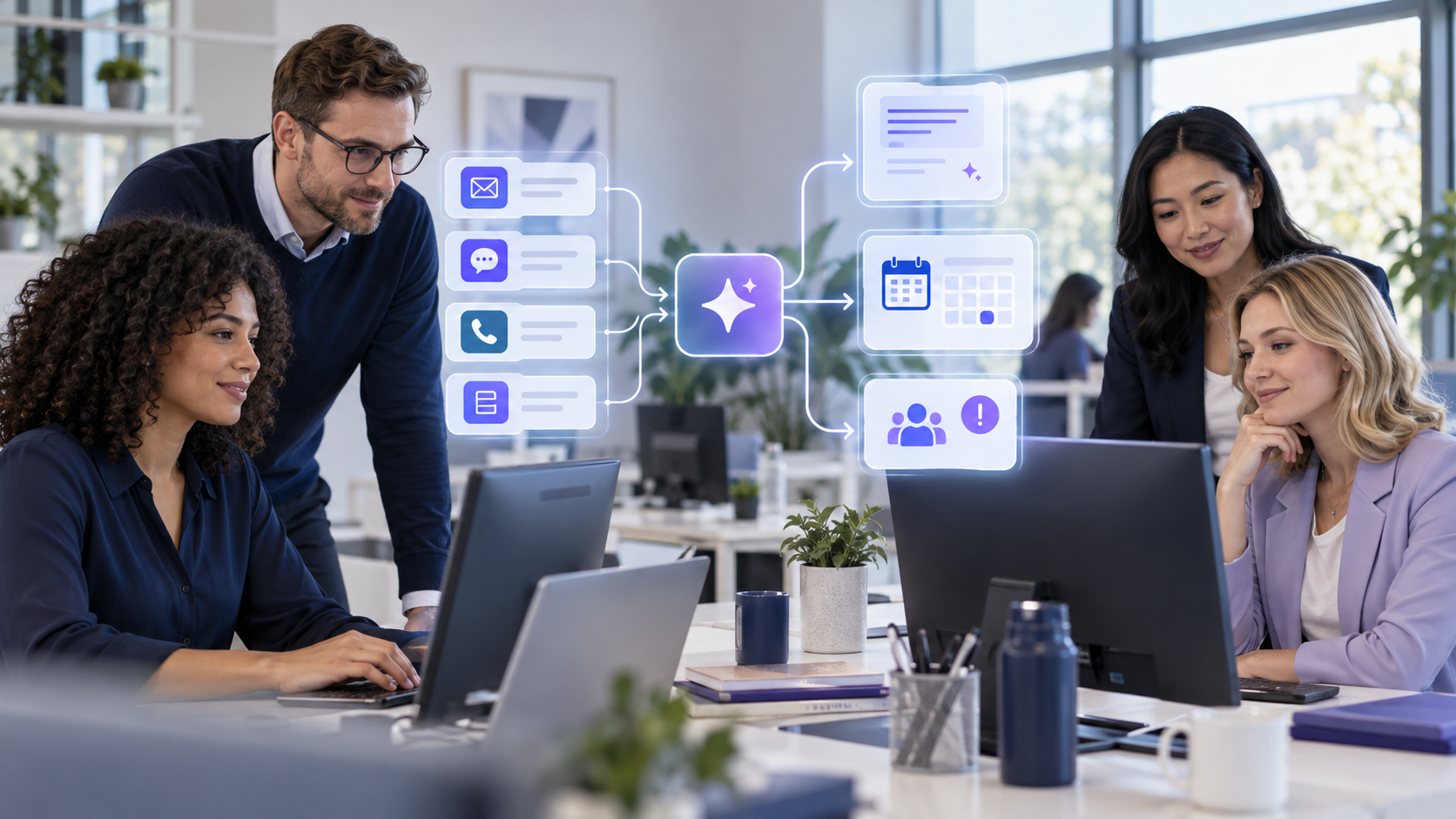 Business team supervising practical AI-assisted enquiry and scheduling workflows