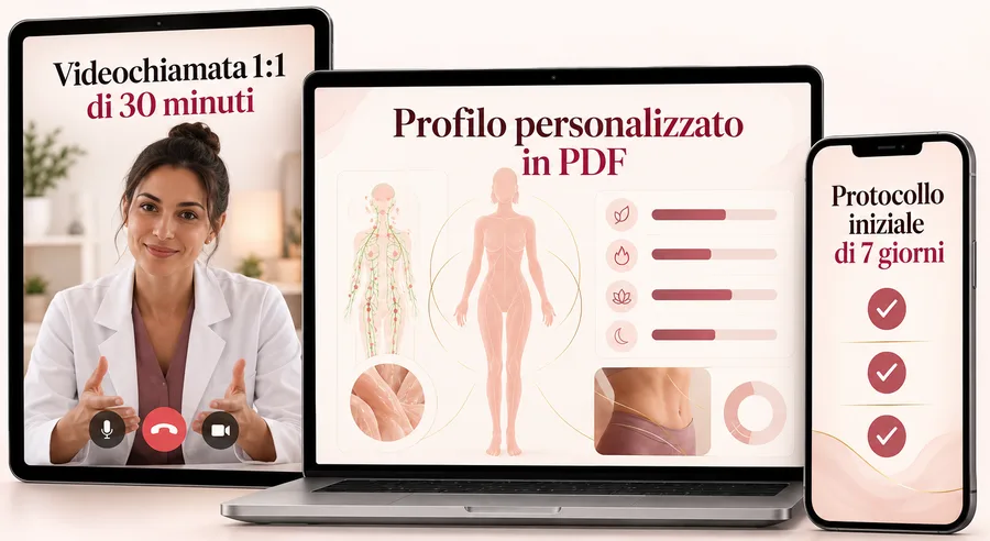 Cosa ricevi: videochiamata, profilo personalizzato in PDF, protocollo iniziale di 7 giorni
