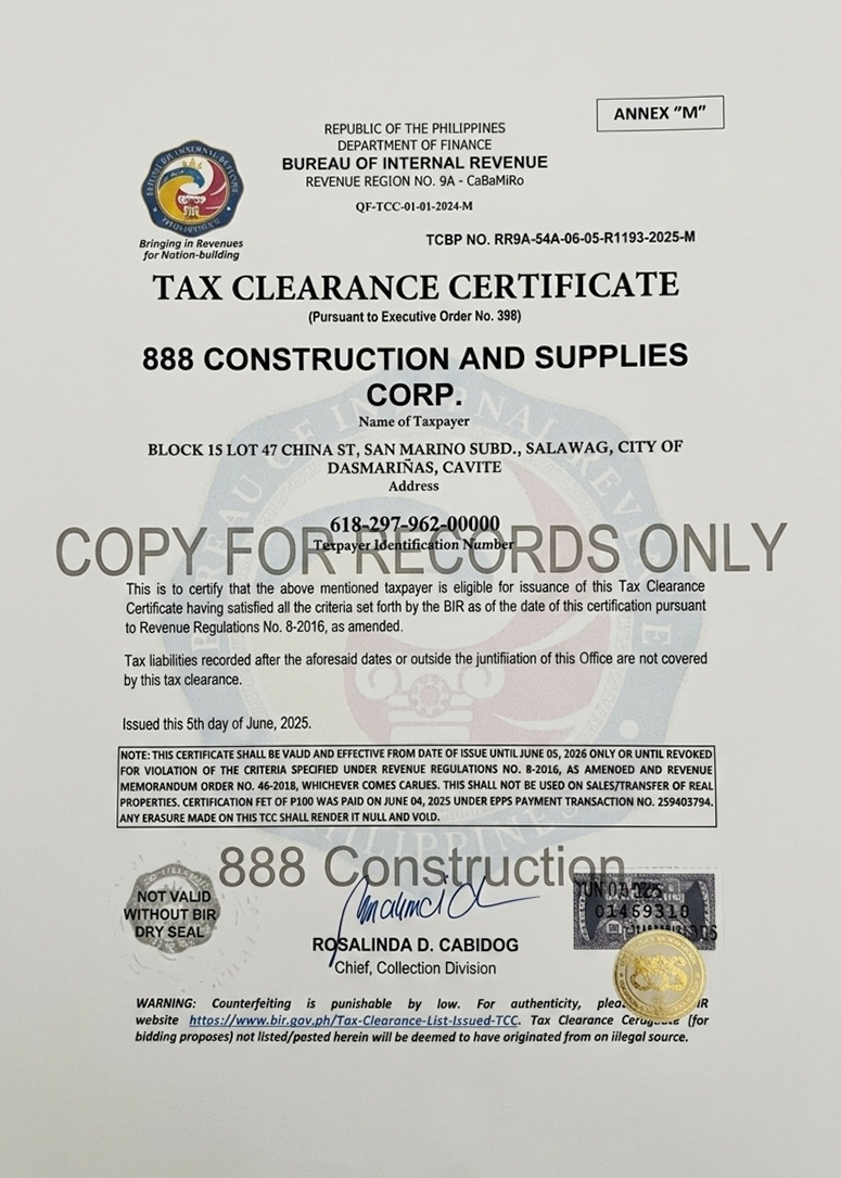 BIR Tax Clearance Certificate for 888 Construction and Supplies Corp