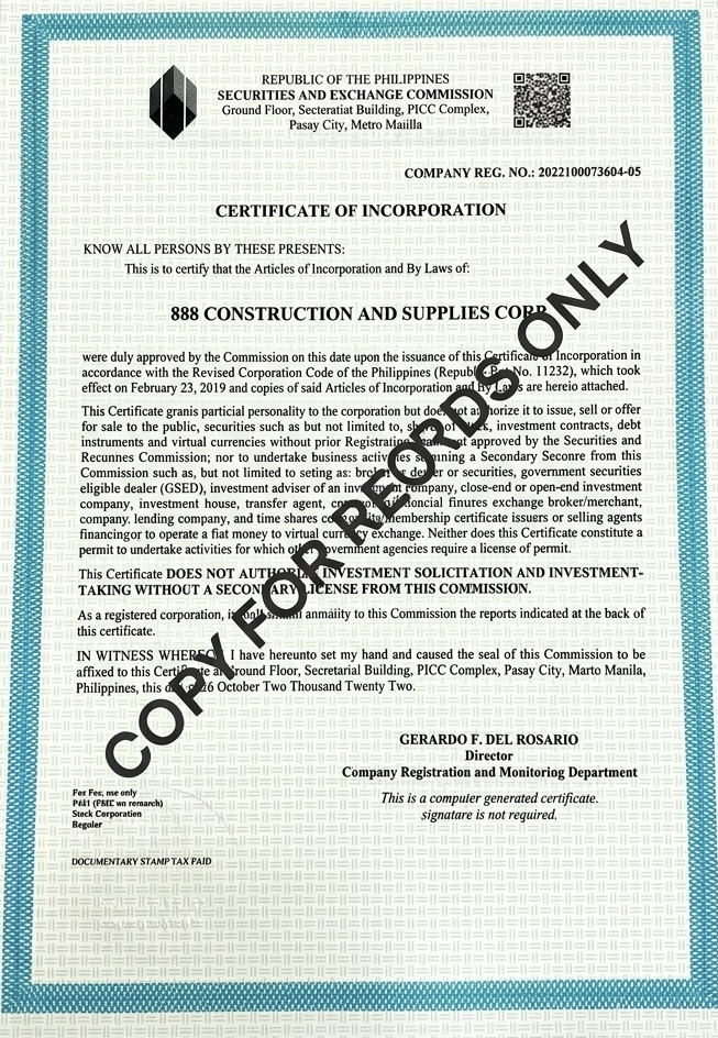 SEC Certificate of Incorporation for 888 Construction and Supplies Corp