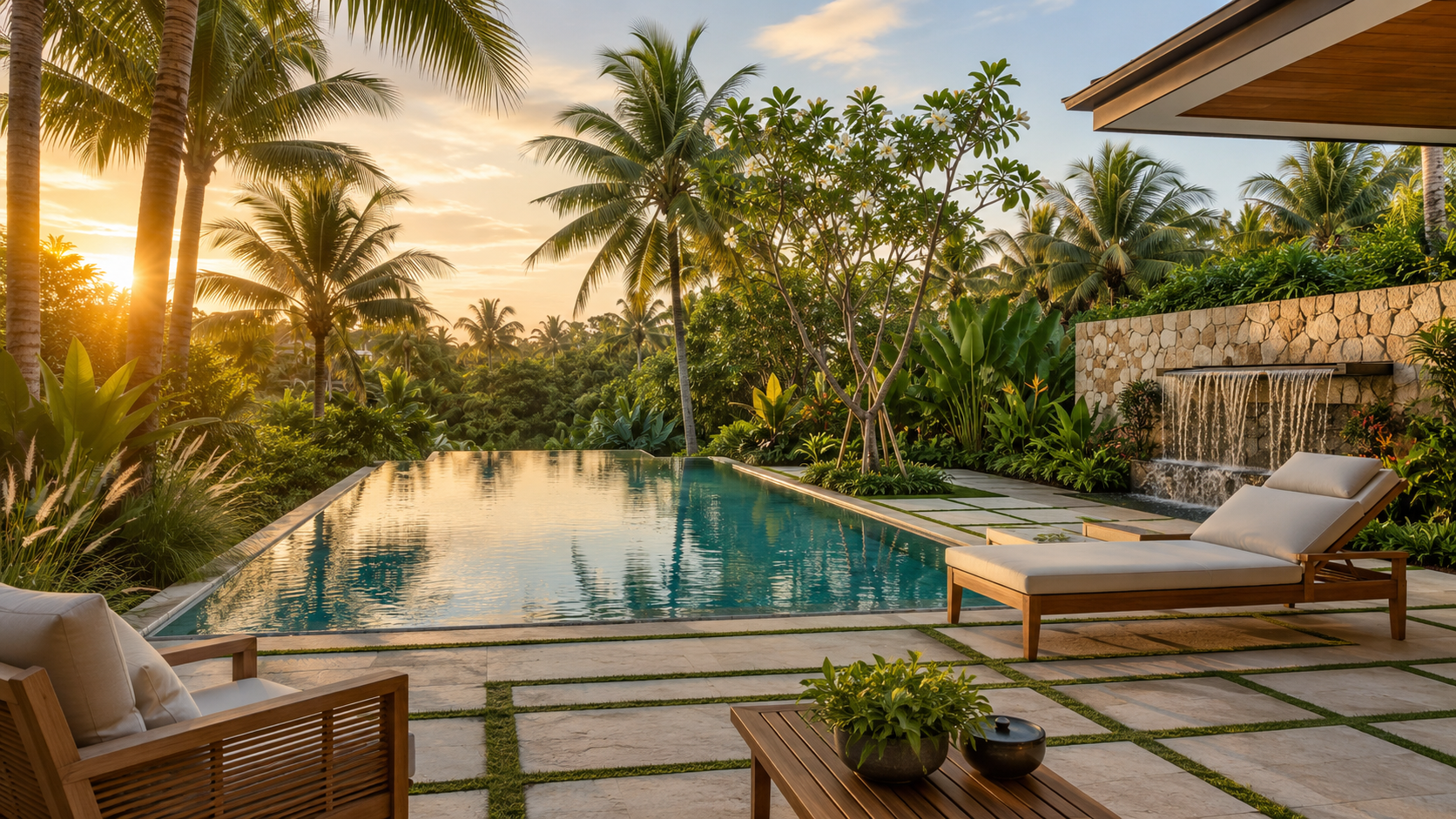 Modern Filipino premium home outdoor space with infinity pool, tropical landscaping, and contemporary water feature