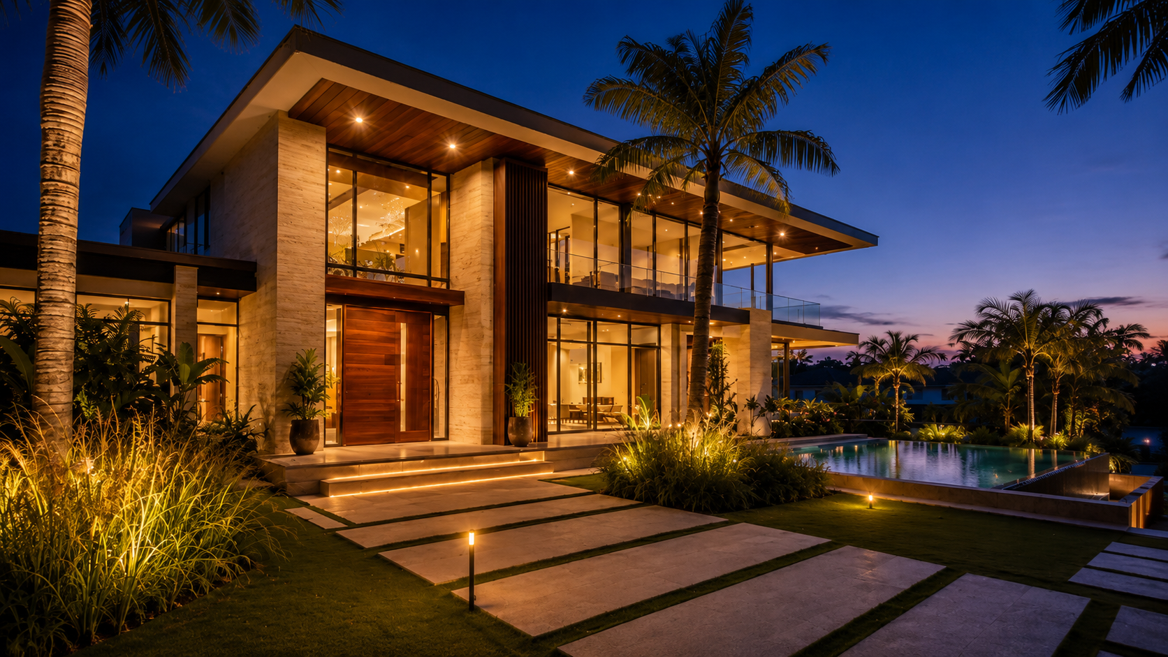 Modern Filipino premium home at twilight with warm interior lights glowing through large windows