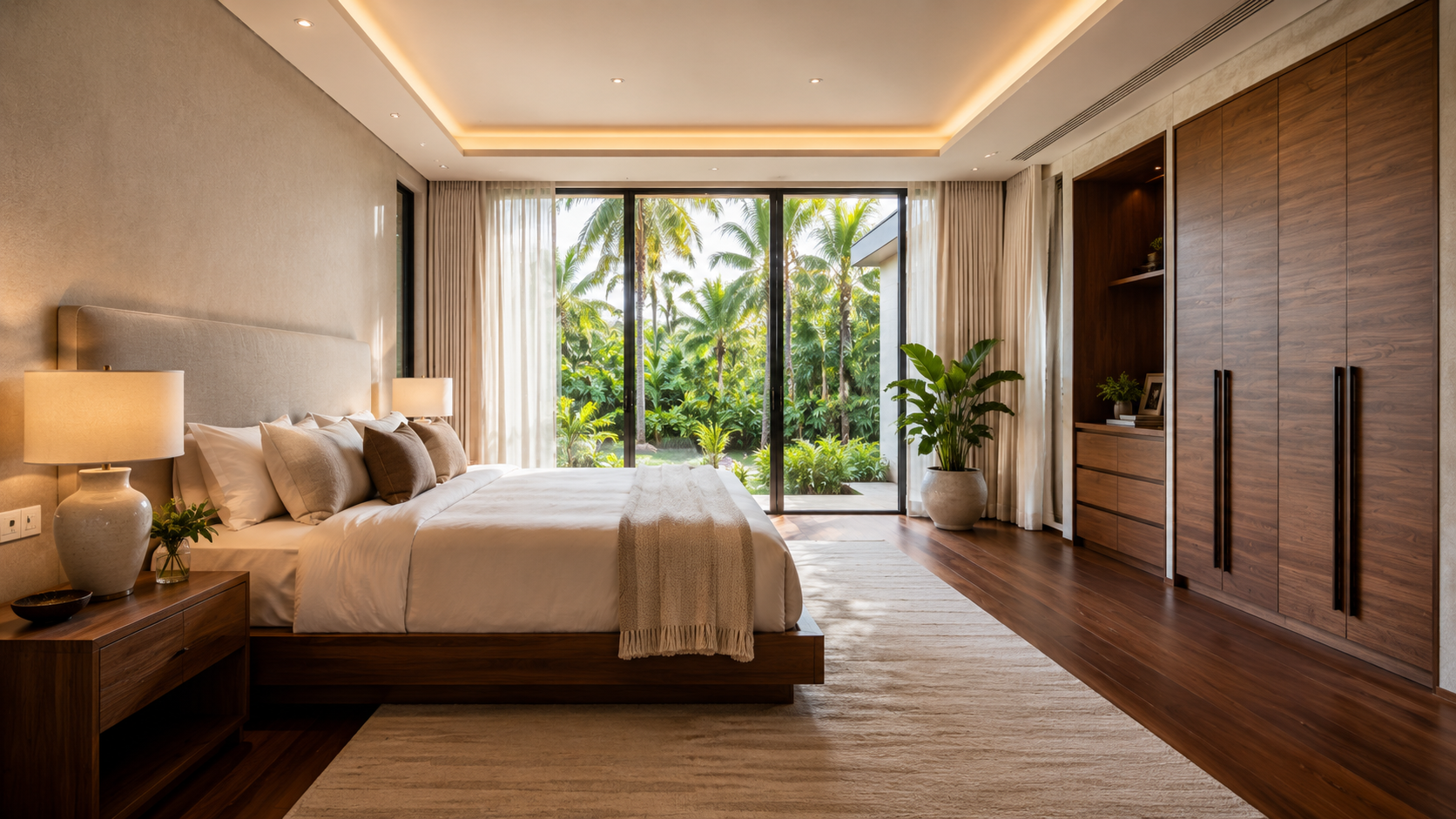 Modern Filipino premium home master bedroom with floor-to-ceiling windows opening to a tropical garden view