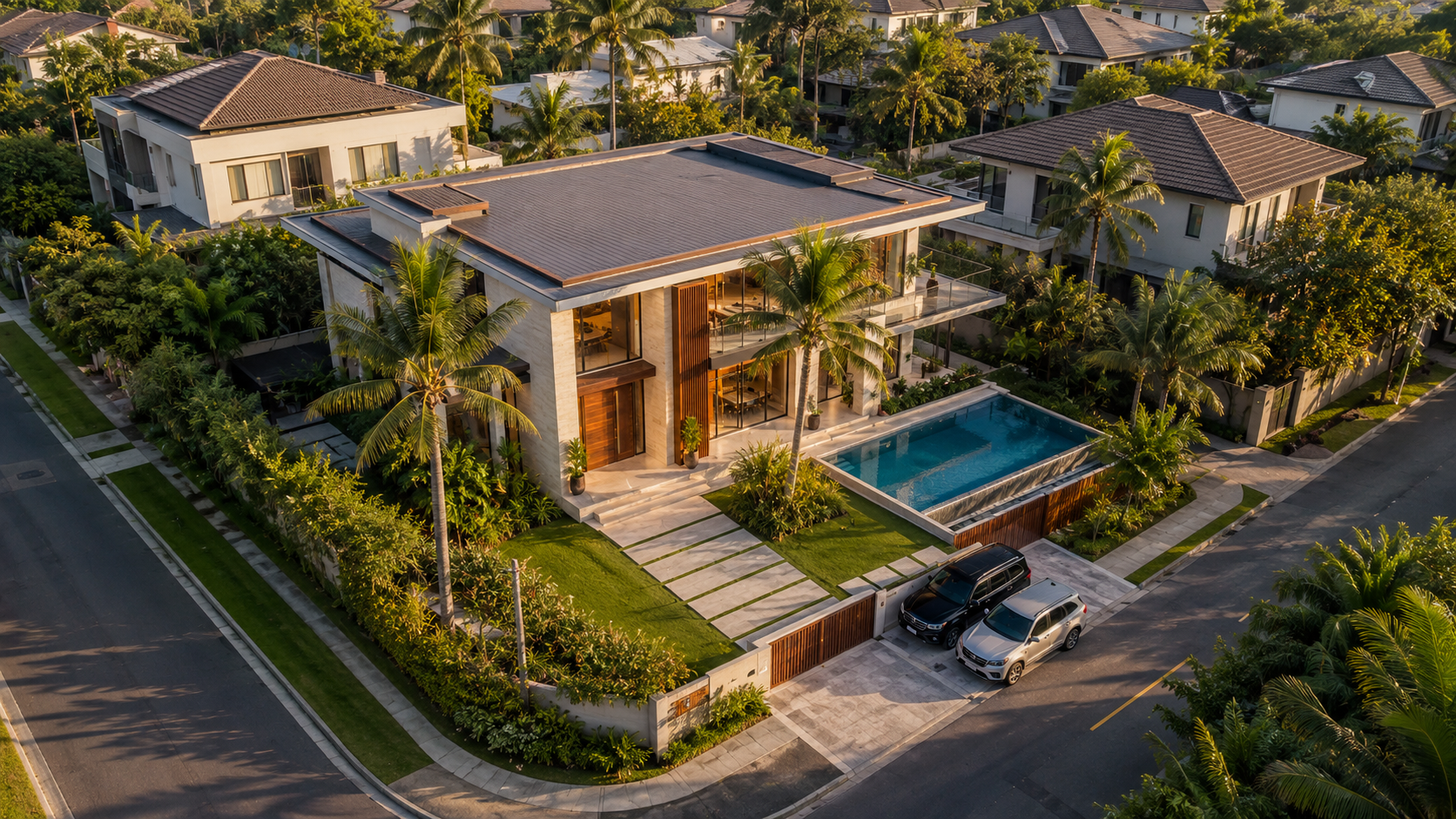 Aerial view of a modern Filipino premium family home in an upscale suburban village with tropical landscaping and pool