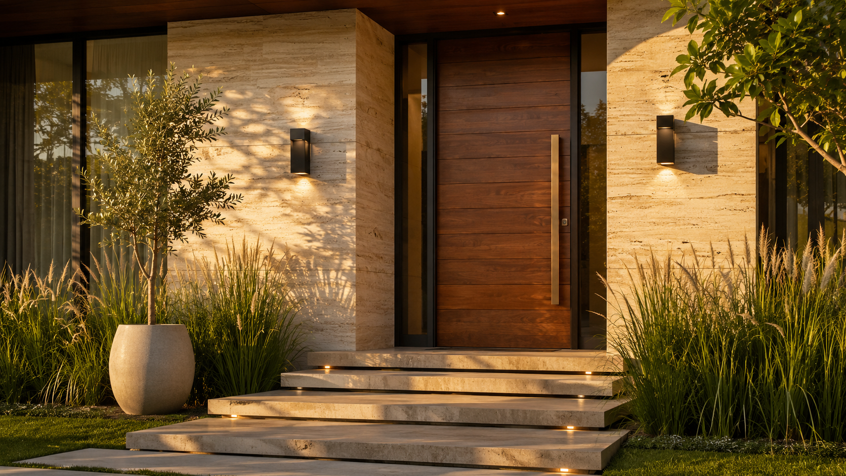 Modern Filipino premium home main entrance with solid mahogany pivot door, natural stone facade, and minimalist landscaping