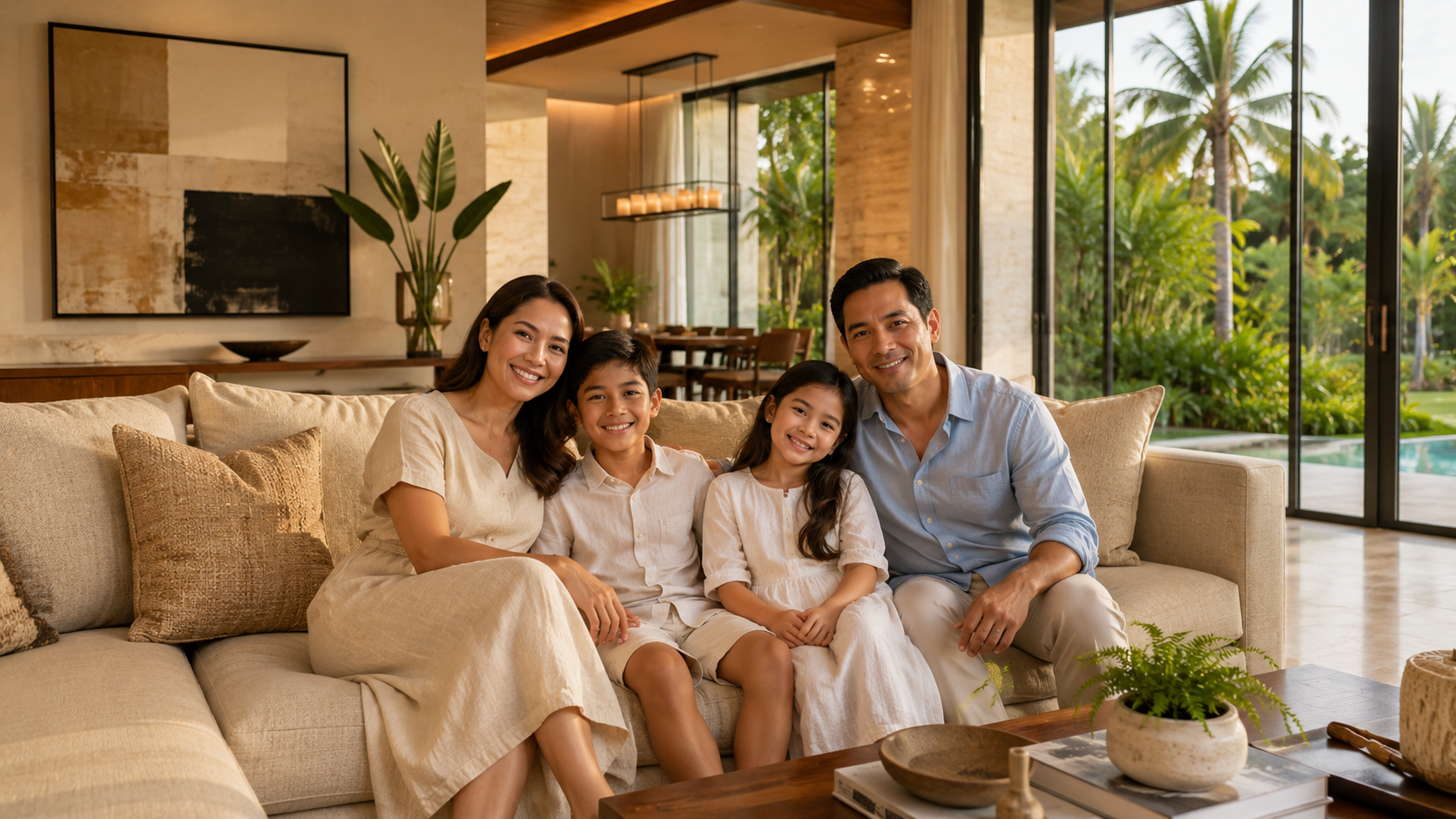 Filipino family enjoying their modern premium home together in a bright contemporary living space