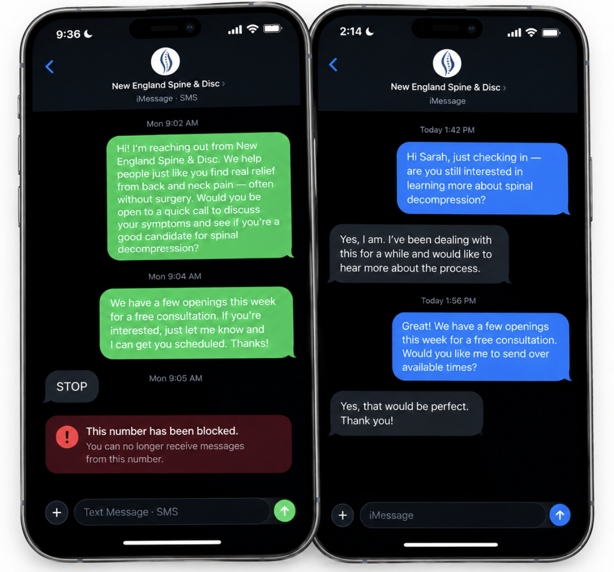 Blue-bubble iMessage conversation with a patient