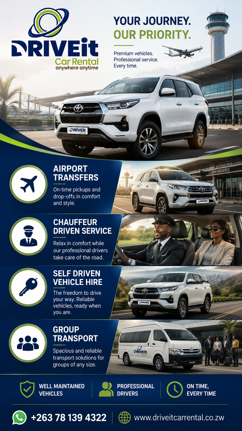 DriveIt Car Rental services including airport transfers, chauffeur driven service, self drive vehicle hire and group transport