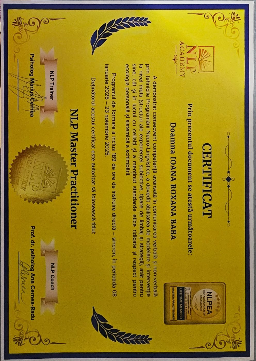 Diplomă NLP Master Practitioner