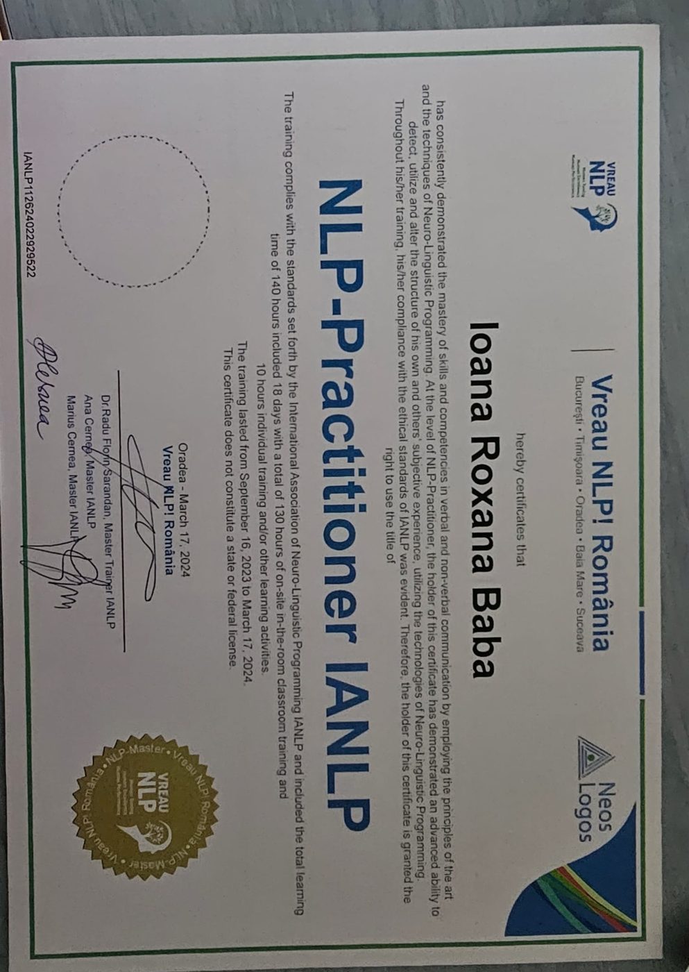 Diplomă NLP Practitioner IANLP