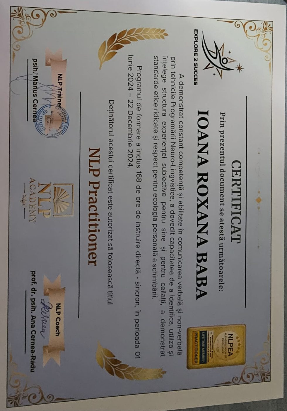 Diplomă NLP Practitioner