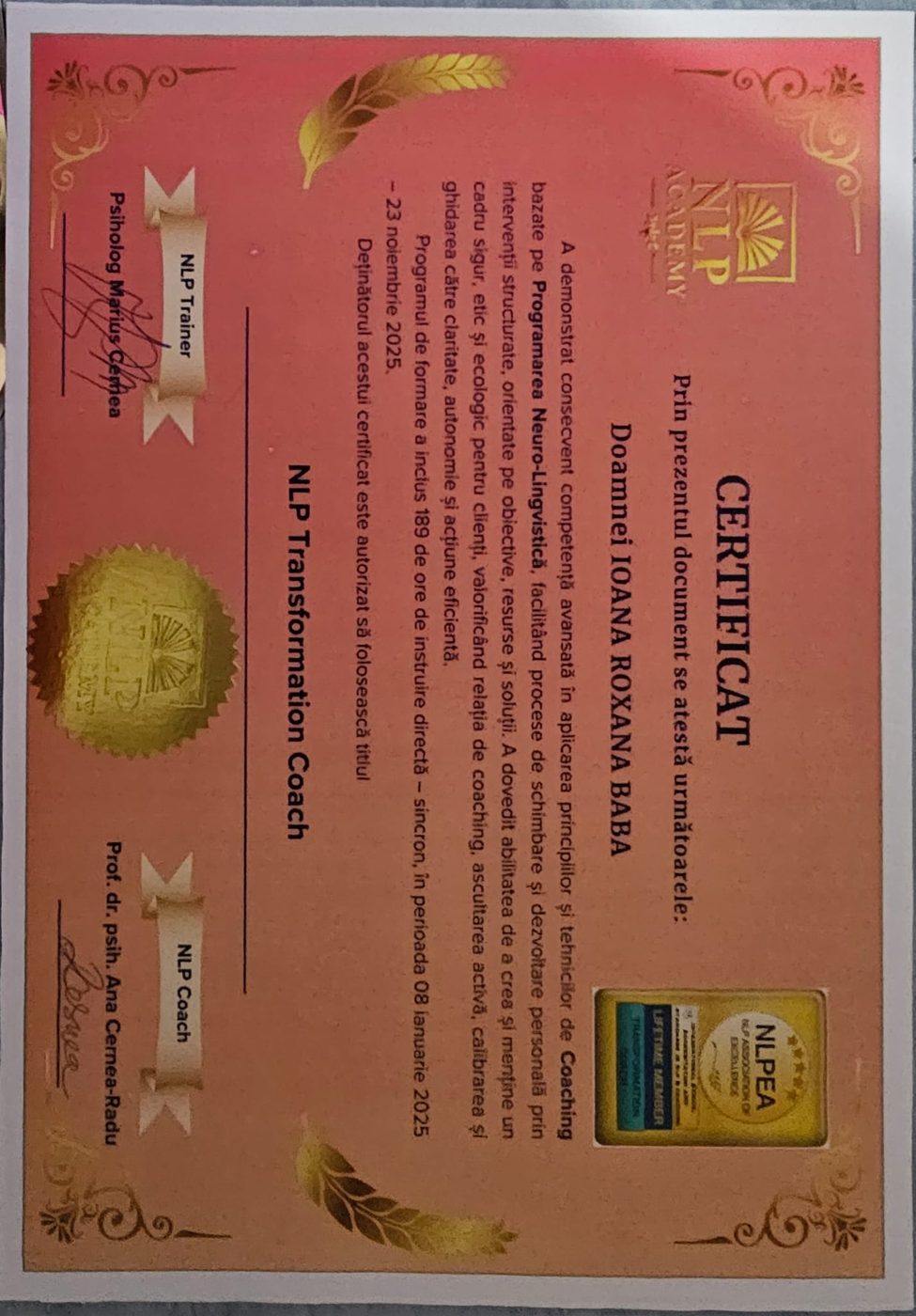 Diplomă NLP Transformation Coach