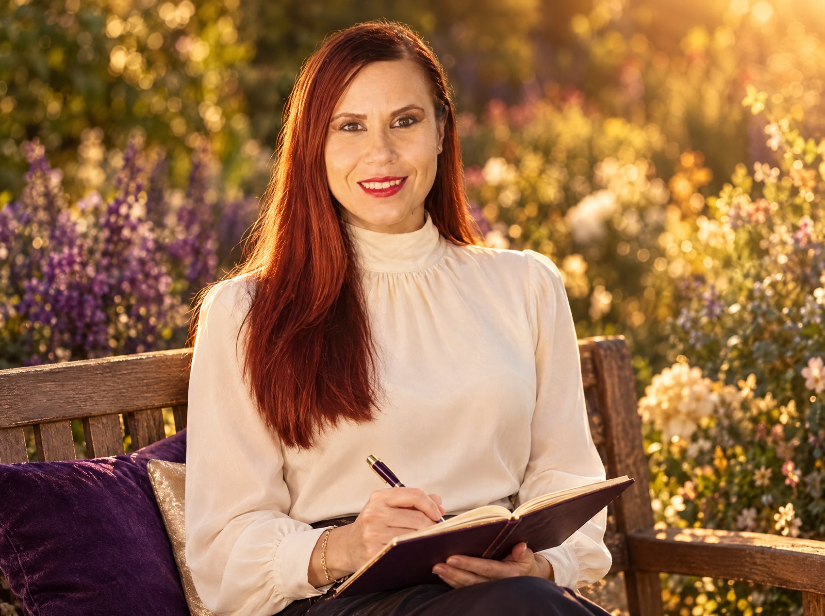 Ioana-Roxana Baba scriind în jurnal, într-o grădină cu flori