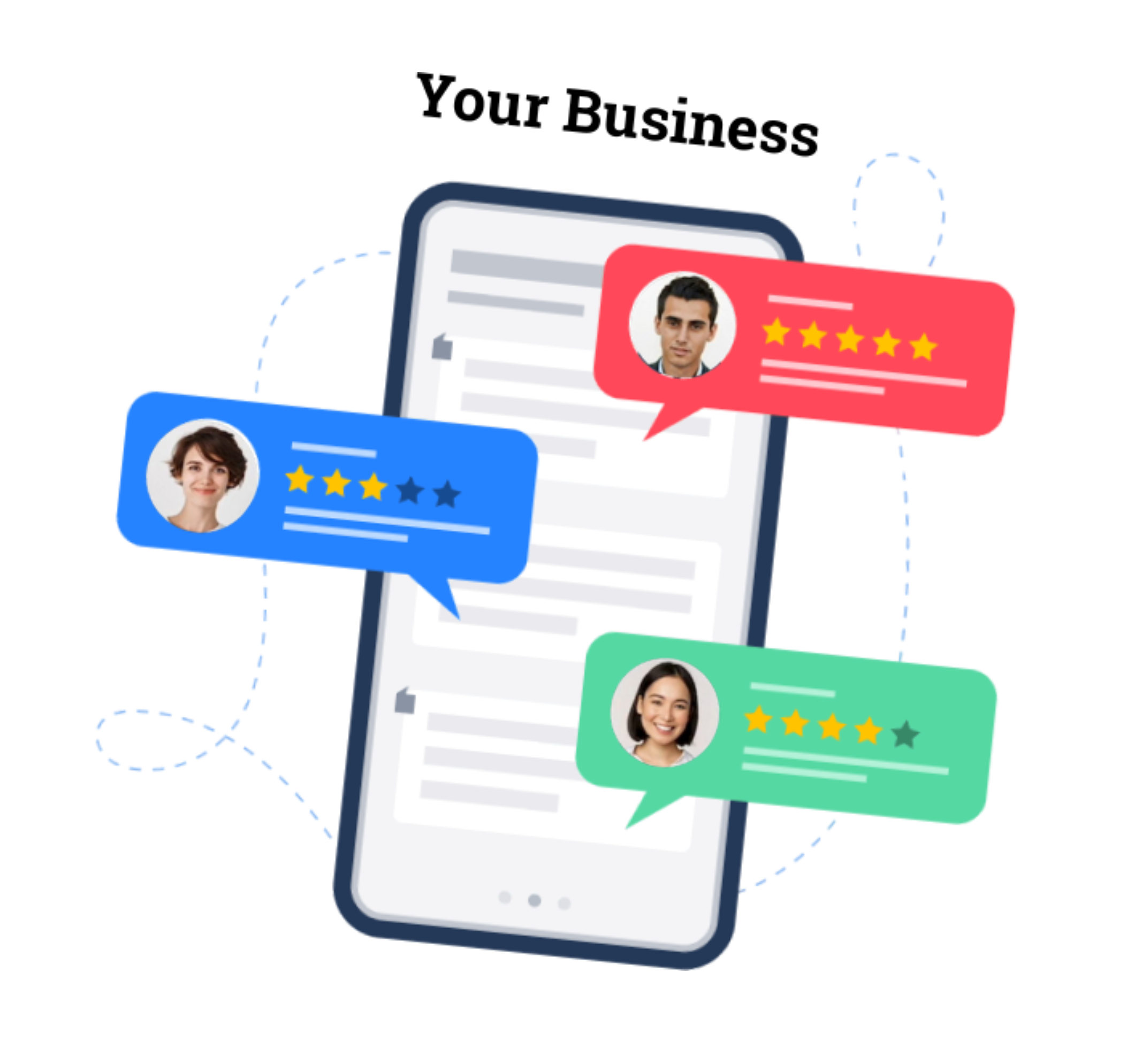 Illustration of a mobile phone showing positive reviews and ratings with review platforms