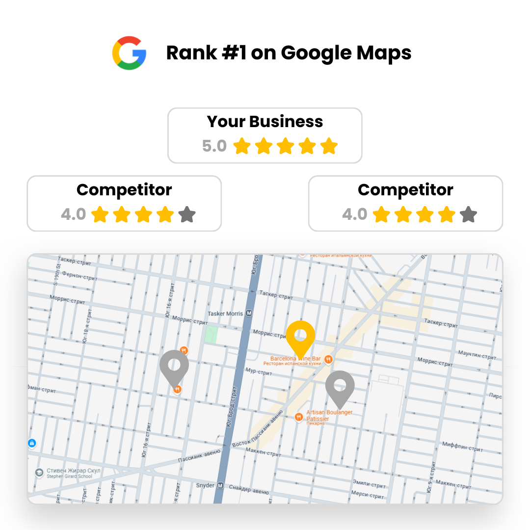 Map with business locations and review data points for time-saving insights