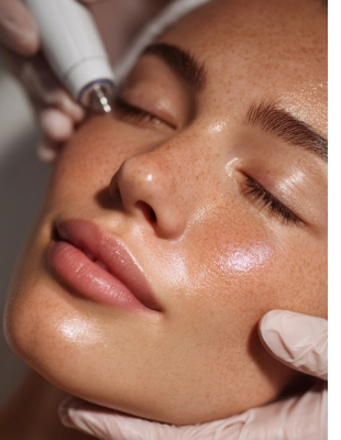Close-up of microneedling device used on facial skin to treat acne scars and improve texture Close-up of microneedling device used on facial skin to treat acne scars and improve texture