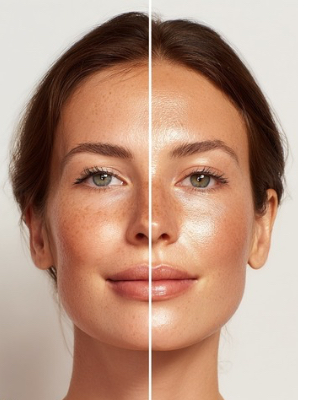 Before and after image showing improved skin tone and brighter complexion following micro-needling treatment Before and after image showing improved skin tone and brighter complexion following micro-needling treatment