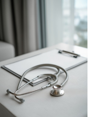 Stethoscope and clipboard in a clinical consultation room at One8Clinic in Sandton for professional GP care