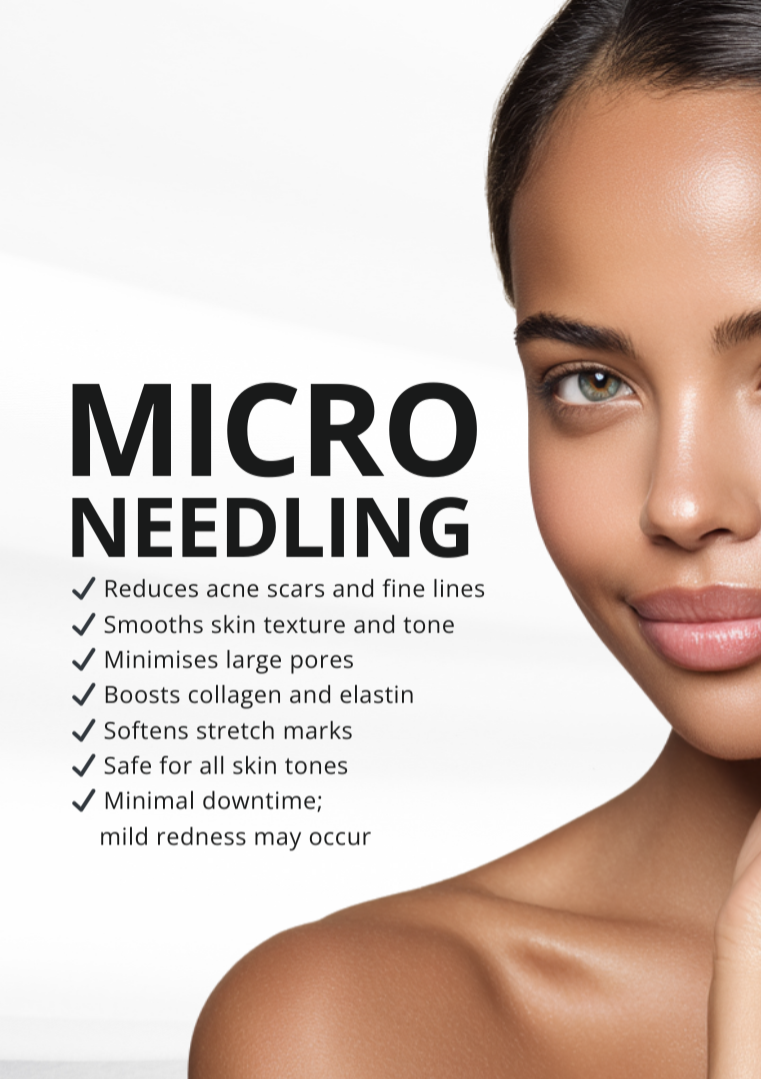 Woman with clear radiant skin showing the benefits of microneedling at one8Clinic, Sandton Woman with clear radiant skin showing the benefits of microneedling at one8Clinic, Sandton