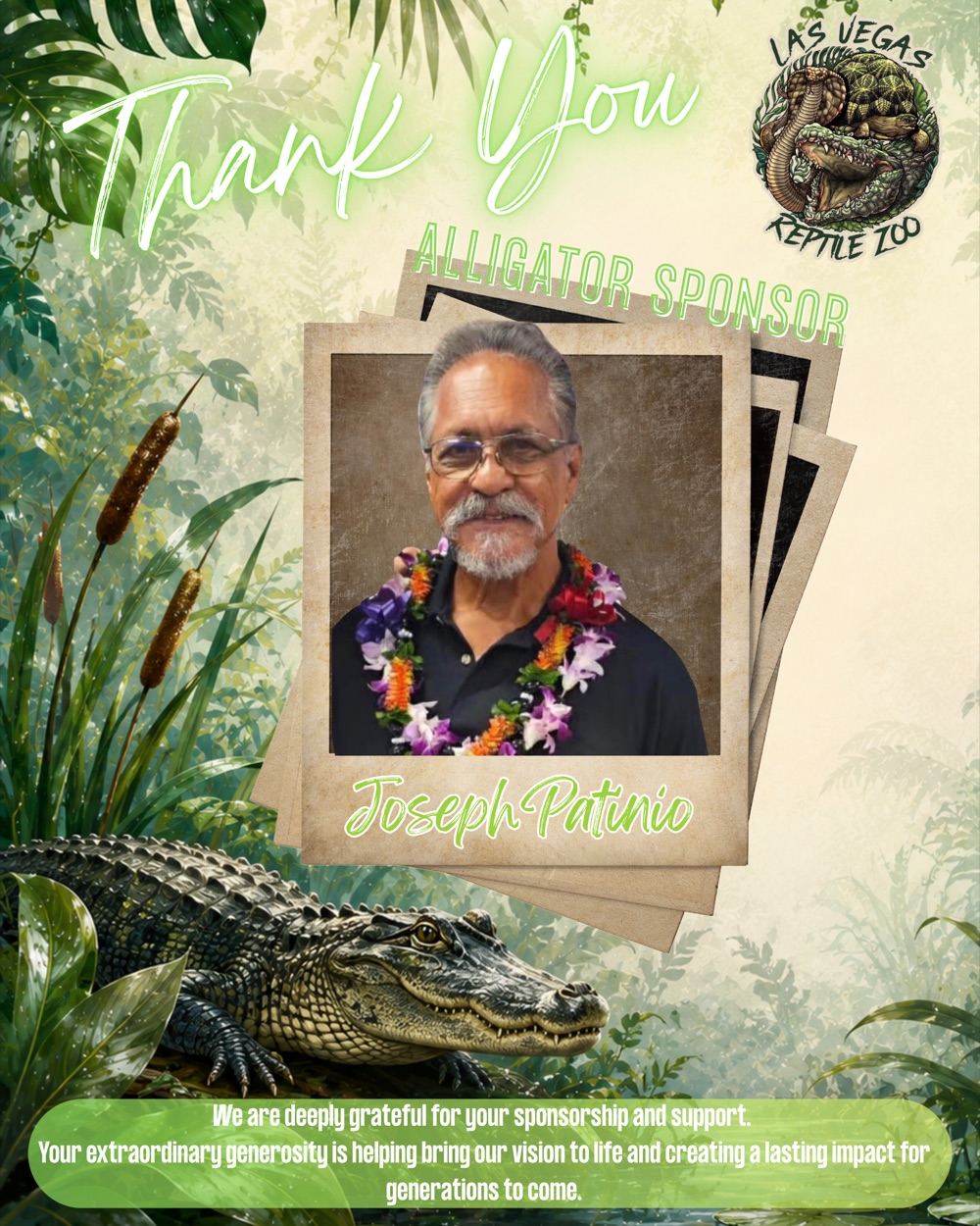 The zoo's Thank You card for Joseph Patinio Jr., Alligator Sponsor