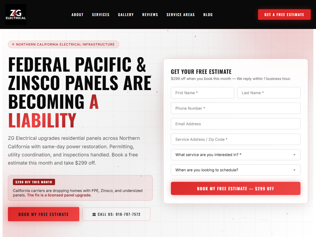 Screenshot of the ZG Electrical website