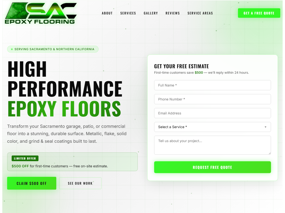 Screenshot of the SAC Epoxy Flooring website