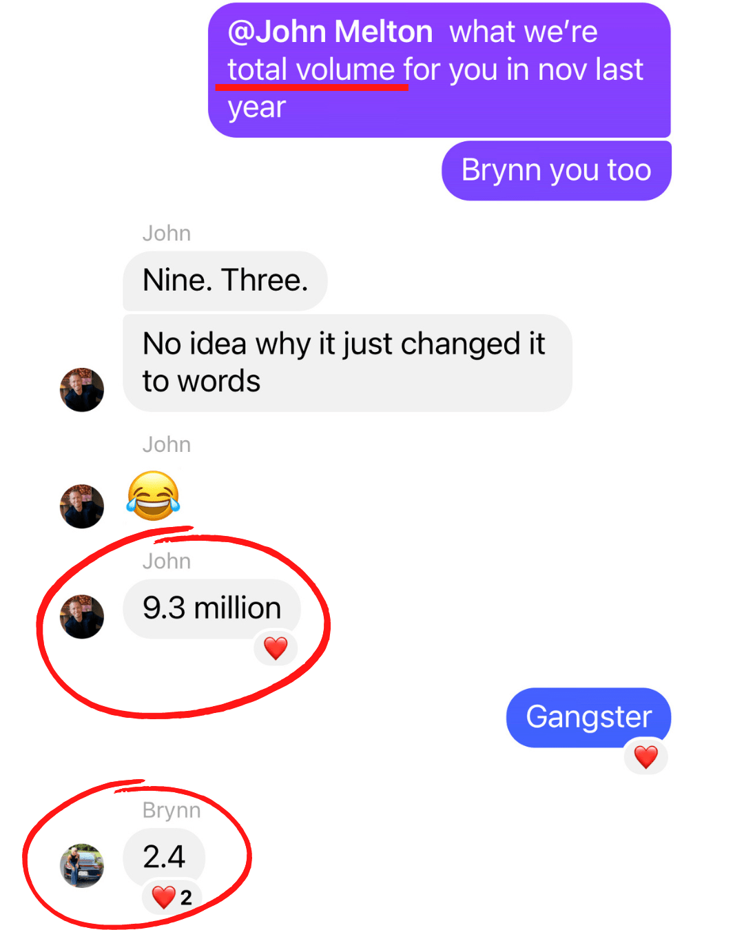 Text thread: John says 9.3 million, Brynn says 2.4