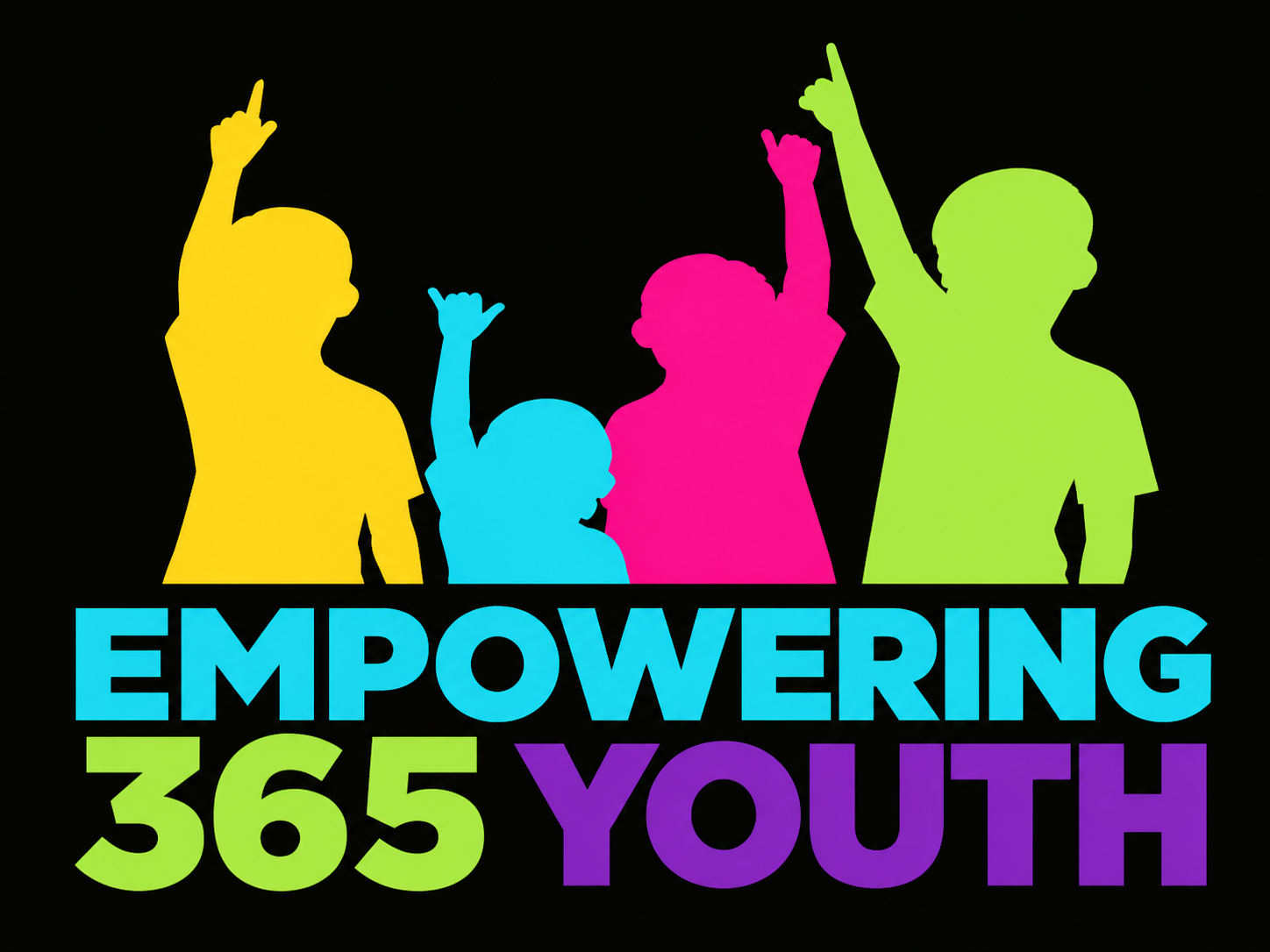 Empowering 365 Youth: four colorful youth silhouettes raising their hands