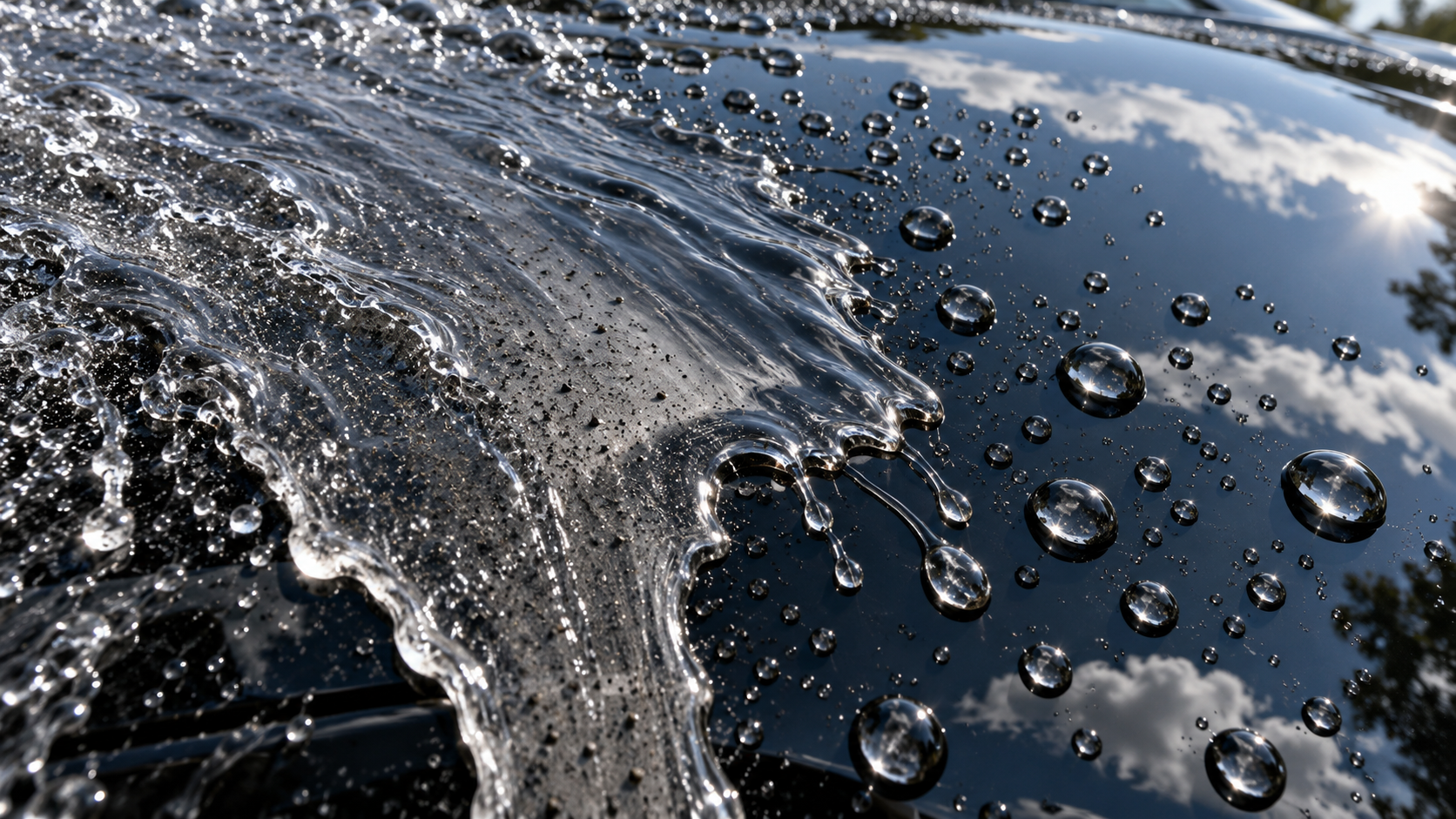 Water rinsing vog fallout off a ceramic coated panel