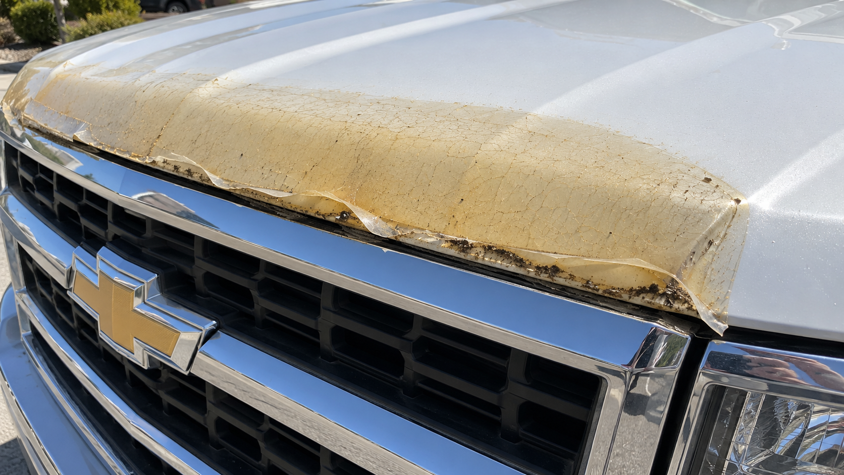 Before: old paint protection film yellowed and lifting at the hood edge