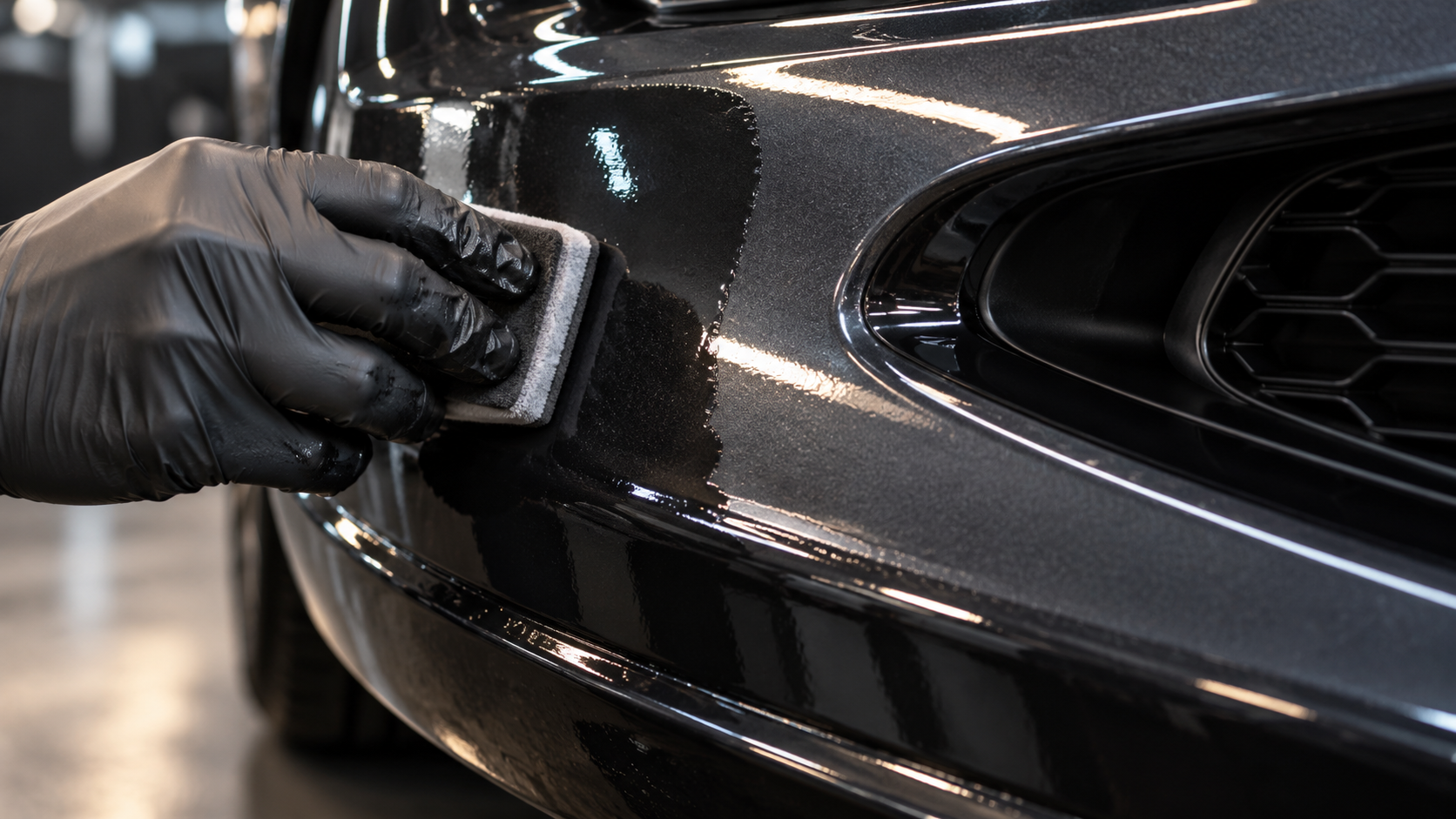 Liquid PPF flowing into a curved bumper surface during application