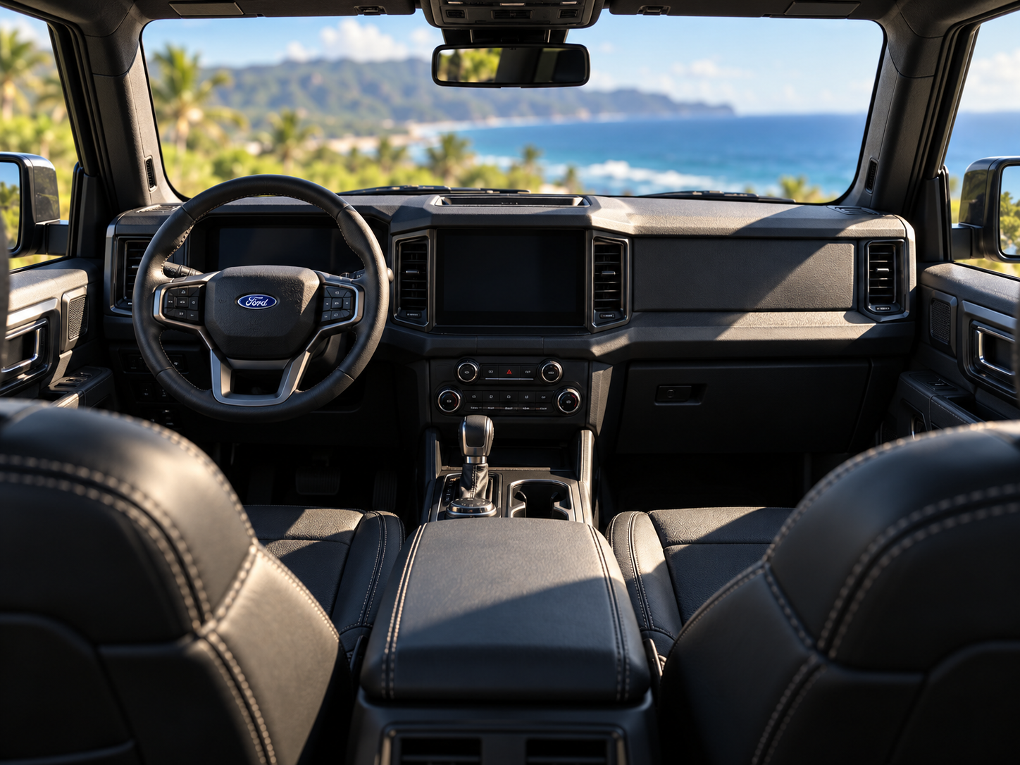 Immaculate car interior in hard island sunlight