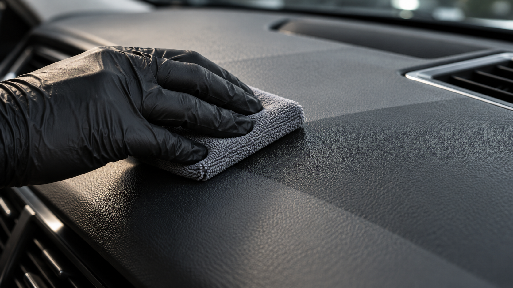 Interior ceramic coating being applied to a dashboard by hand