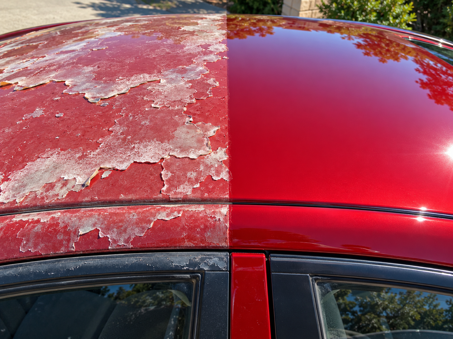 Failed clear coat on a car roof, half restored