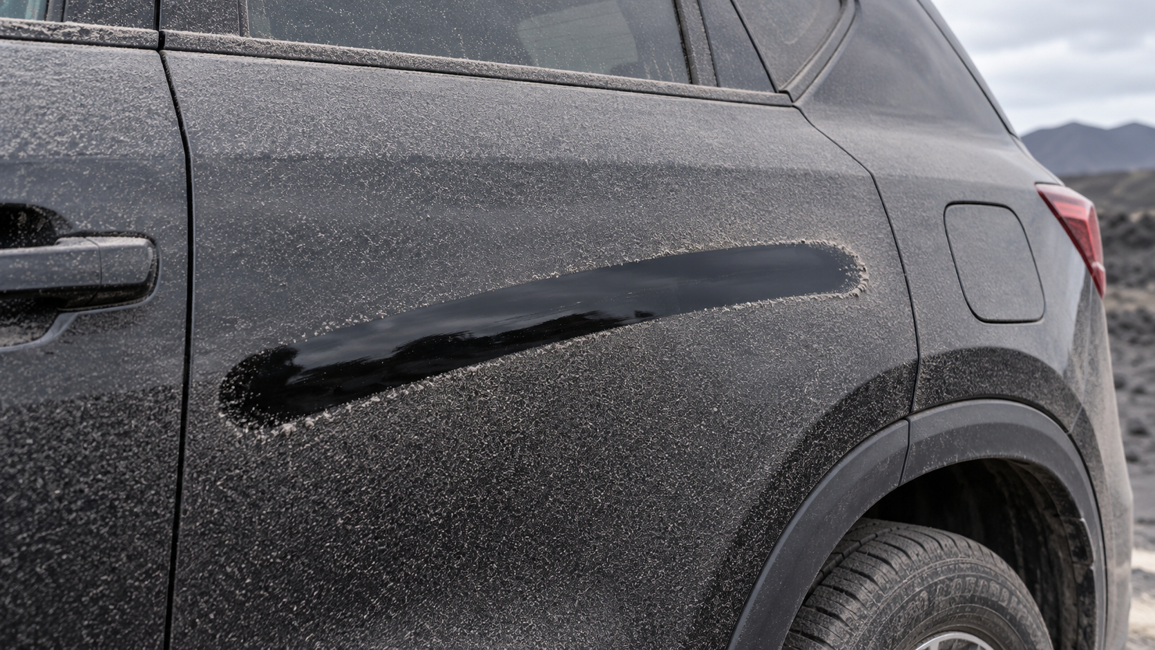 Grey vog dust film on black paint with a clean streak revealing gloss underneath