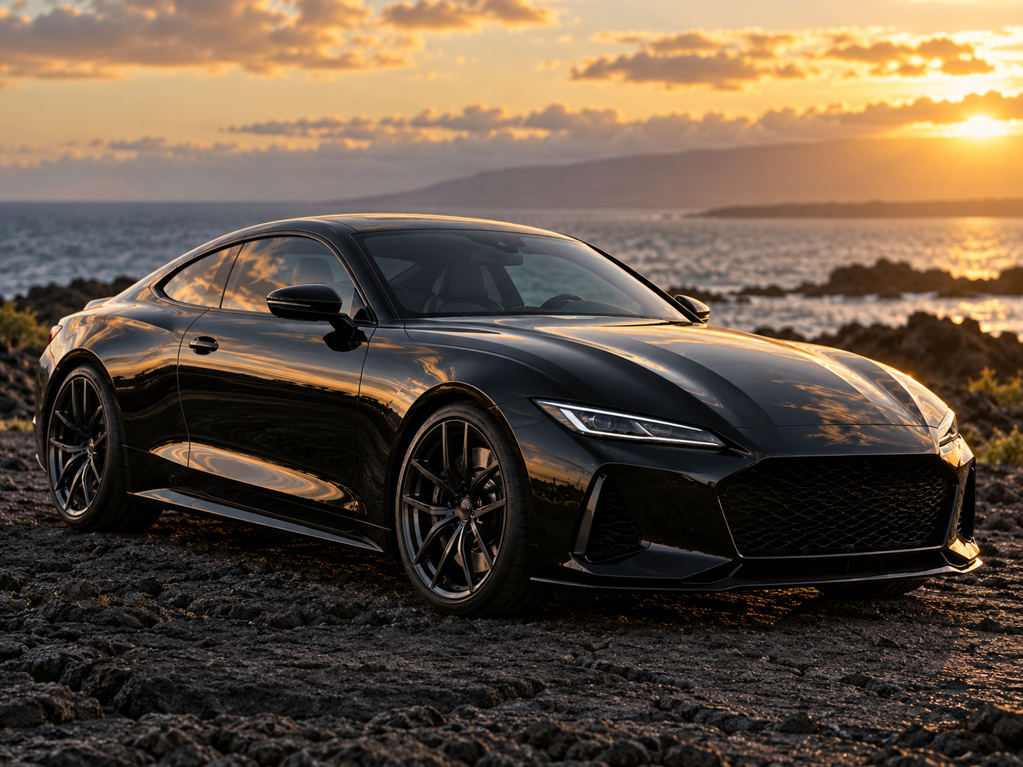 Obsidian black car with mirror-deep reflection at golden hour
