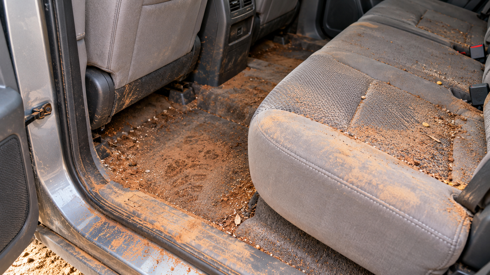 Before: red volcanic dirt ground into carpet and seats