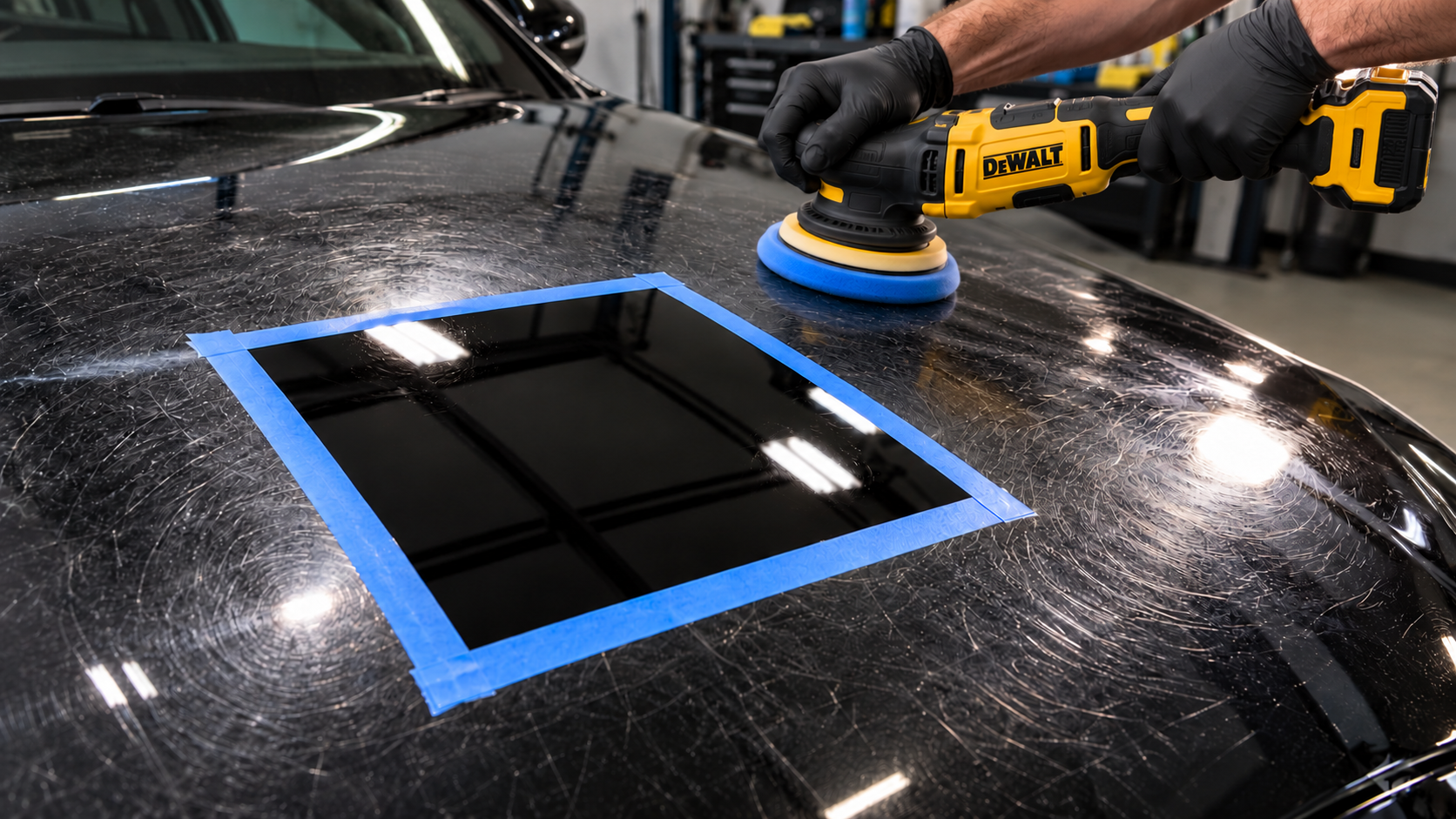 A taped-off test section showing corrected paint beside uncorrected