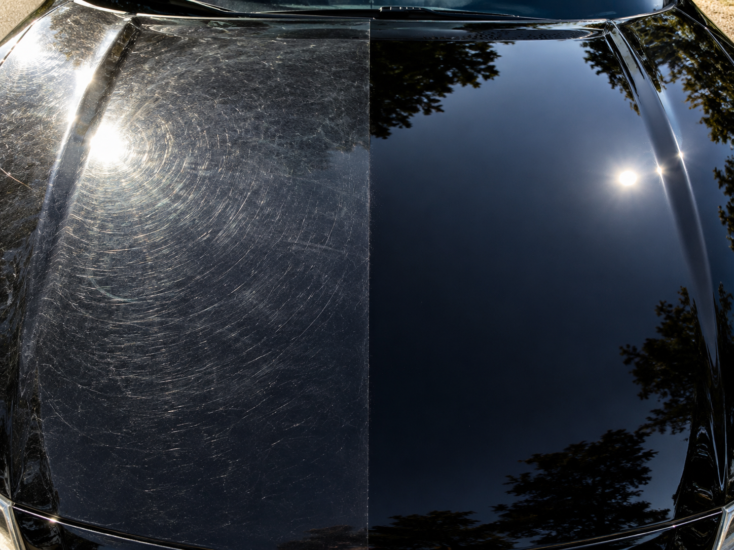 Half-corrected car hood under hard raking light