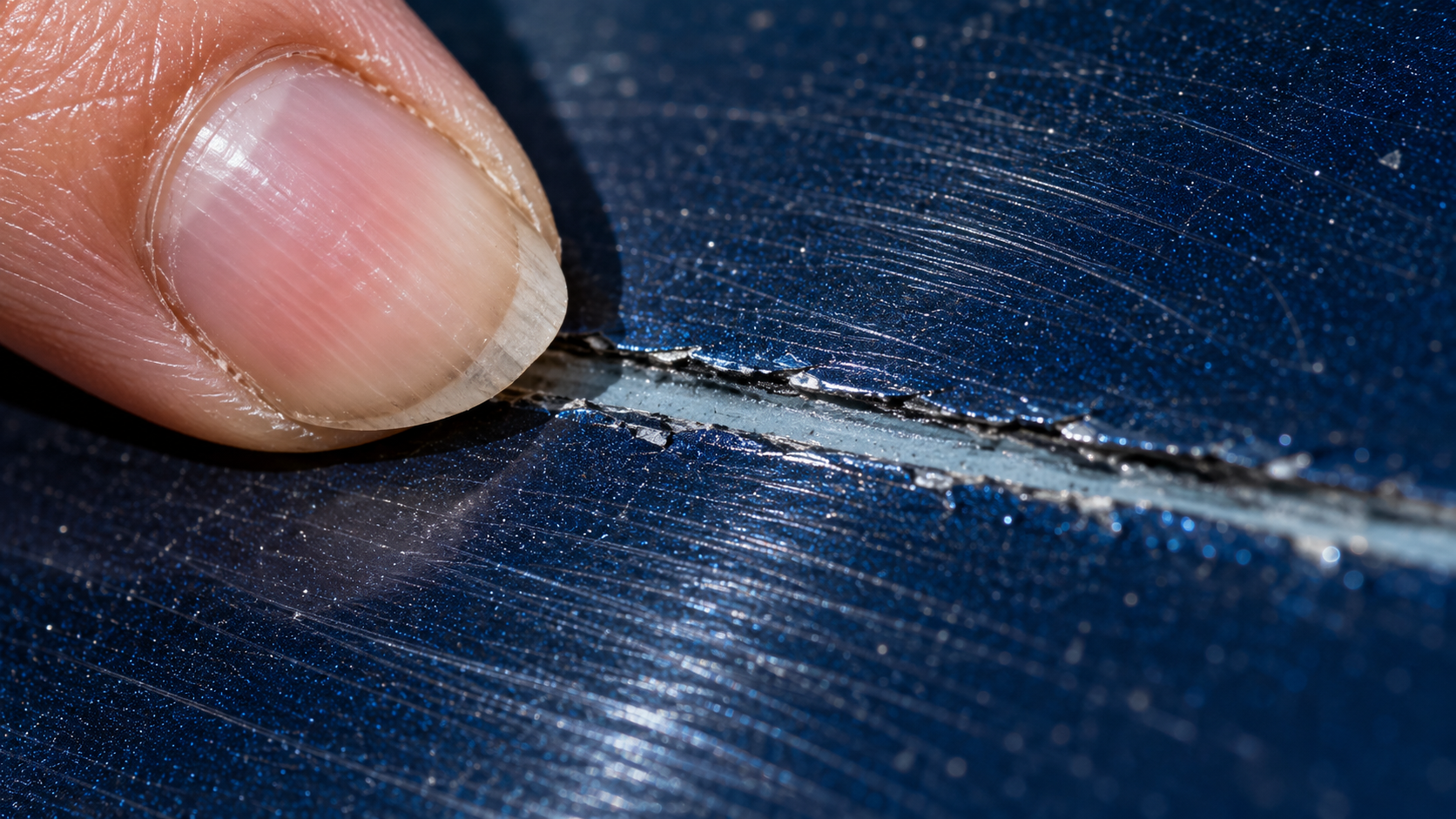 A fingernail catching in a scratch cut through the clear coat