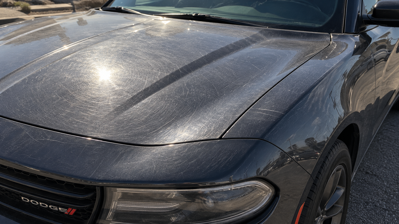 Before: swirl marks and buffer holograms glowing in hard sun