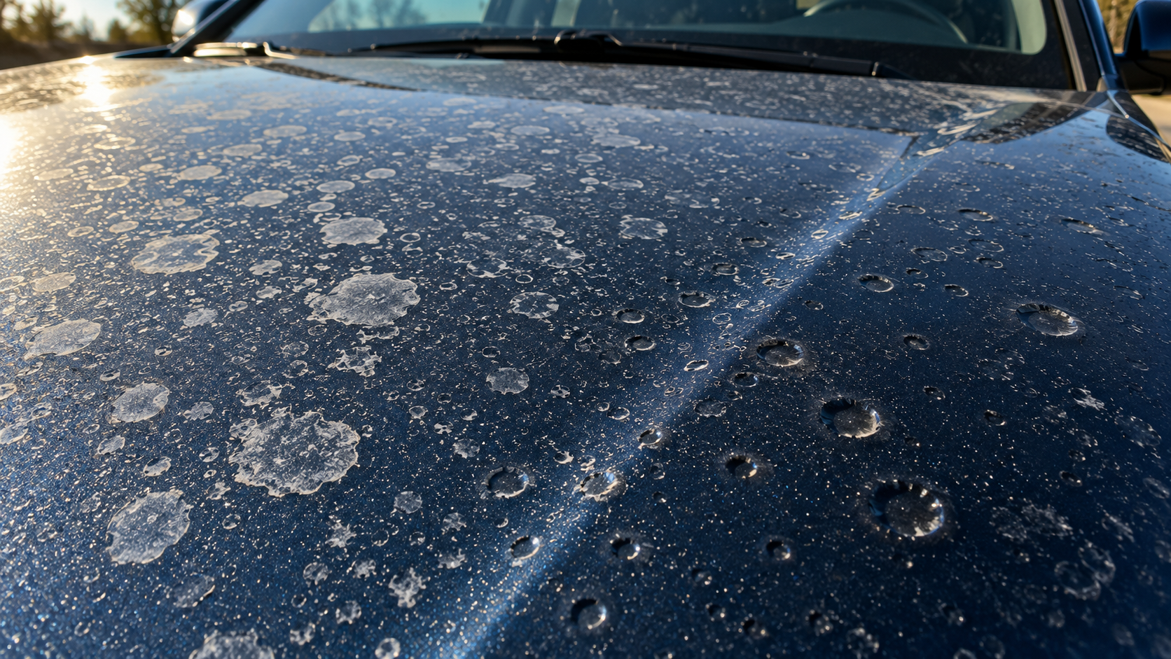 Hard water spots and clear-coat etching on a dark hood under raking light