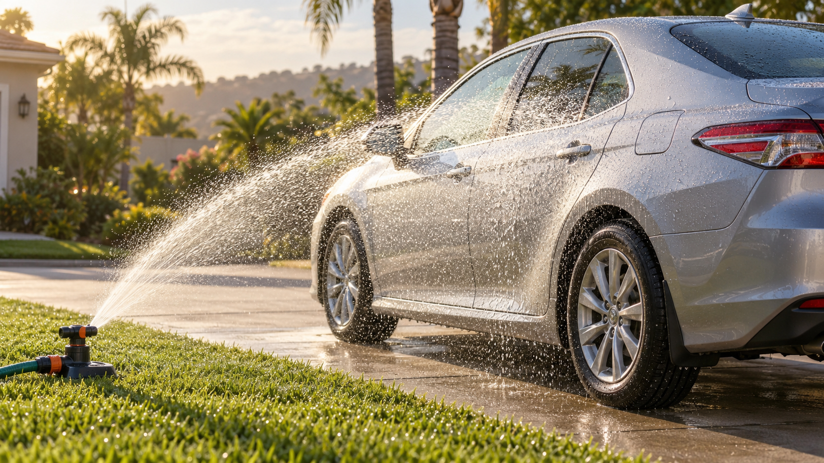 Lawn sprinkler spraying a parked car, the most common cause of water spot etching