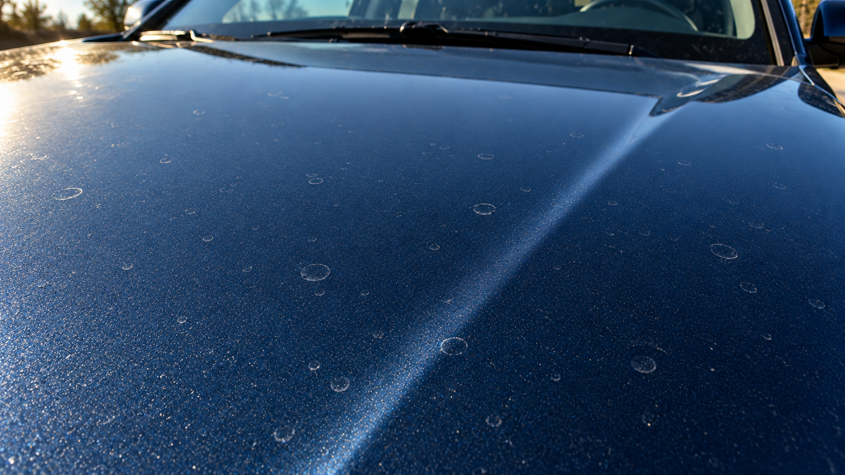 Before: etched hard water spots casting shadows across a car panel