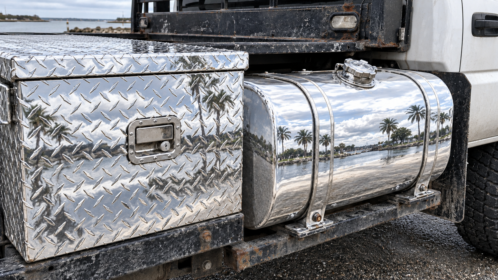 After: the same aluminium polished to a mirror, reflecting sky and palms
