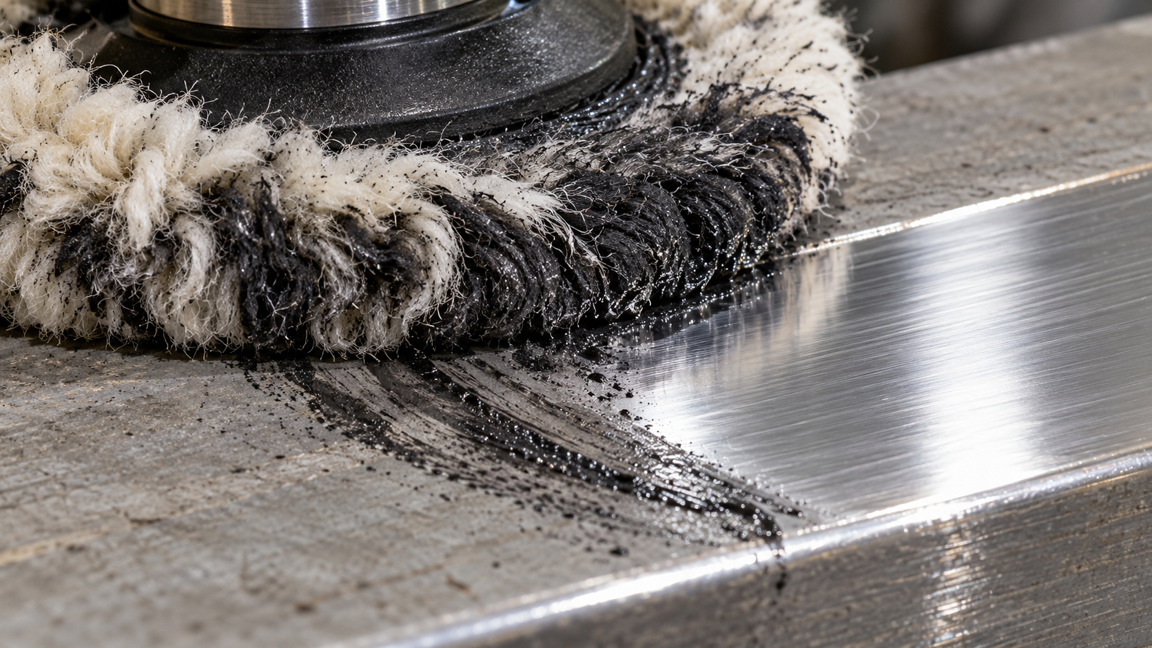 Wool polishing pad loaded with black compound residue from cutting aluminium