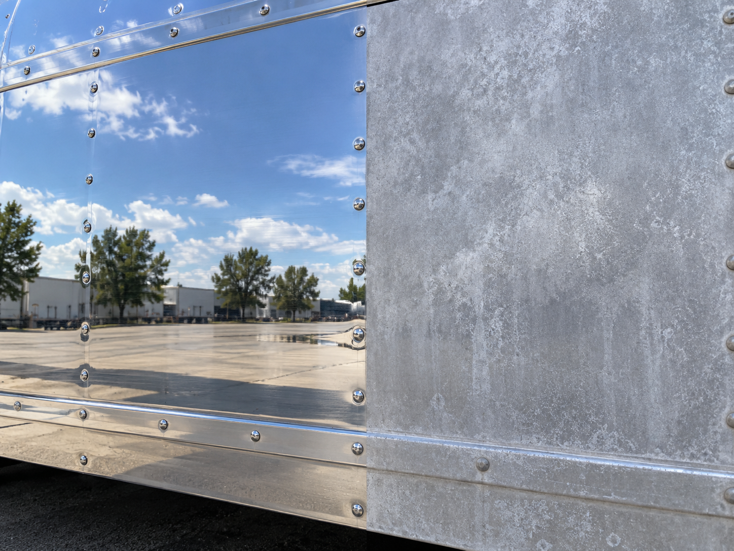 Half-polished aluminium, dull oxidised grey on one side and mirror bright on the other