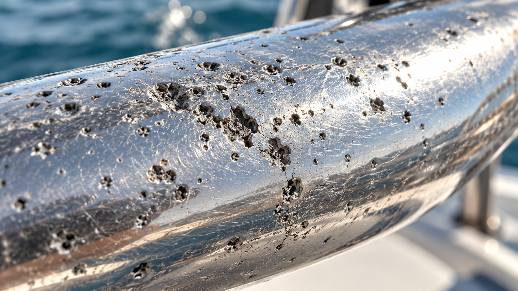 Polished aluminium boat rail still showing deep salt corrosion pitting