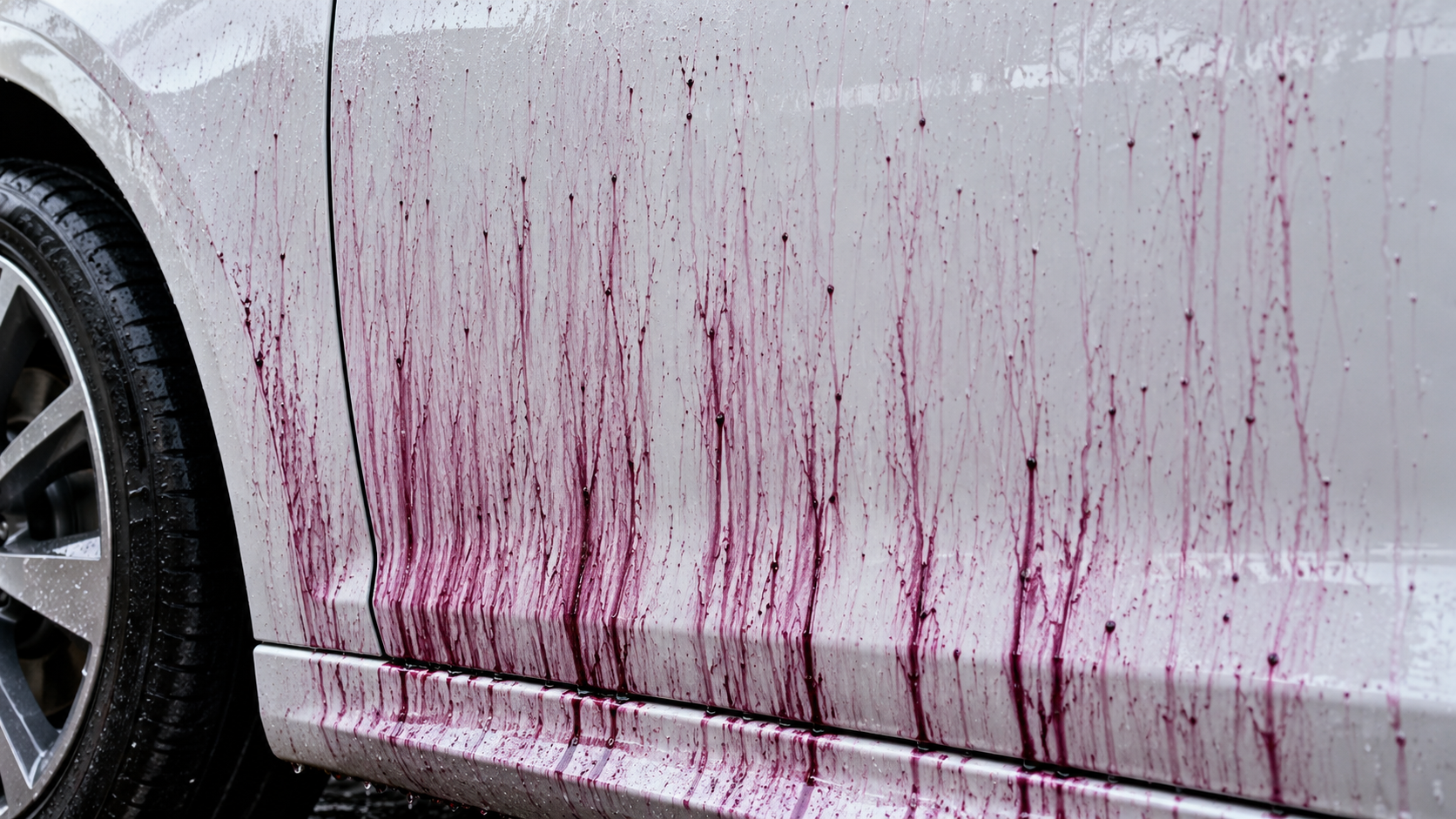Iron fallout remover bleeding purple as it dissolves embedded metal particles
