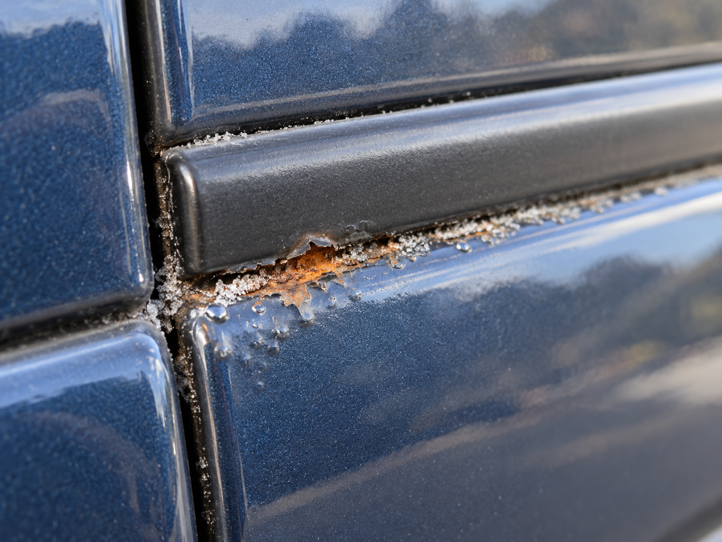 Corrosion beginning along a painted body seam on a vehicle
